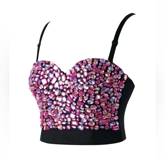 NWOT Charmian Women's Colorful Rhinestone Push Up Bra Party Bustier Crop Top - Picture 2 of 9